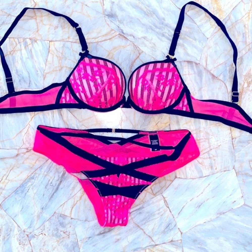 VS Very Sexy PushUp Bra 32B Pink Black Lace & Panty‎ Small